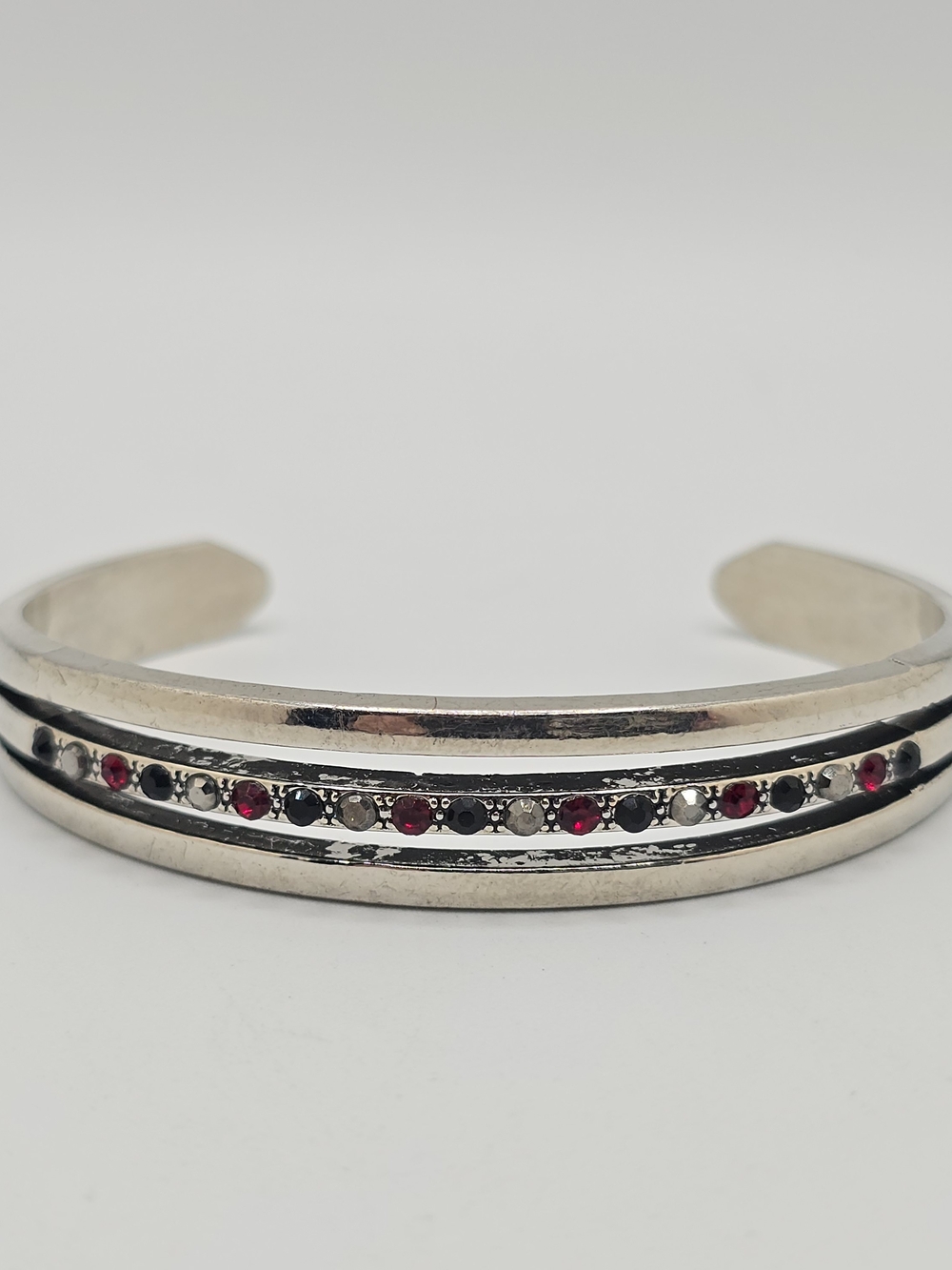 Cuff Bracelet Silver Tone Red Black Gray Rhinestones Openwork Vintage 6.5"